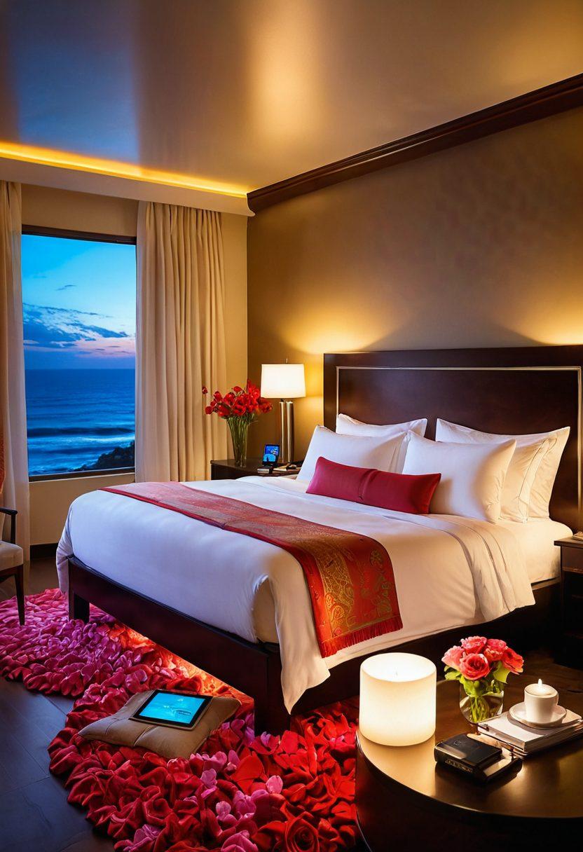 A dreamy hotel room showcasing a couple enjoying a tech-savvy experience with tablets, surrounded by romantic lighting, lush flowers, and a stunning ocean view through large windows. Include visual elements like digital menus, smart controls, and cozy blankets to emphasize the fusion of romance and technology. super-realistic. vibrant colors. soft lighting.