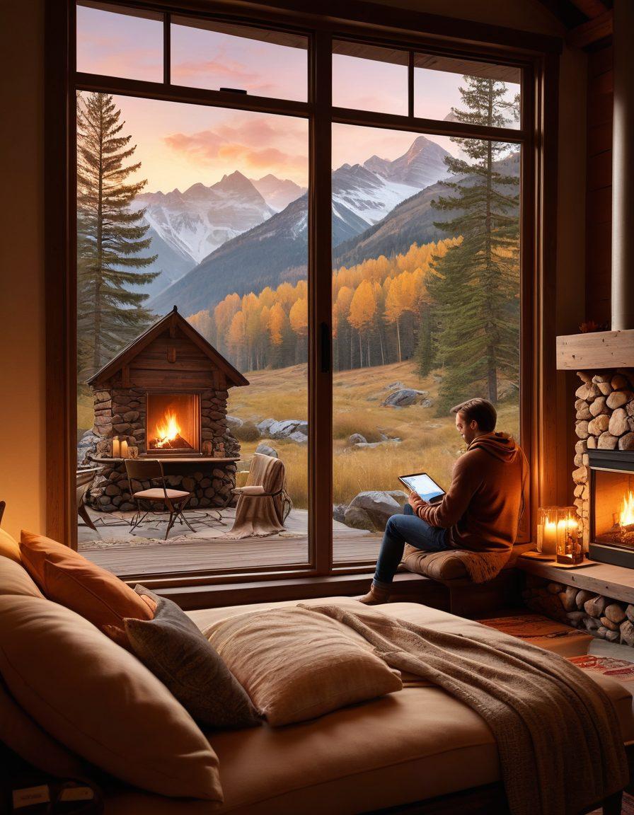A couple enjoying a romantic getaway in a cozy cabin, using tablets to enhance their experience. The scene shows a warm fireplace, with soft lighting, surrounded by nature through the window. The tablets display beautiful landscapes and travel recommendations, symbolizing the blend of love and technology. Include elements of nature like trees and mountains in the background, creating a serene atmosphere. super-realistic. warm colors. cozy ambiance.