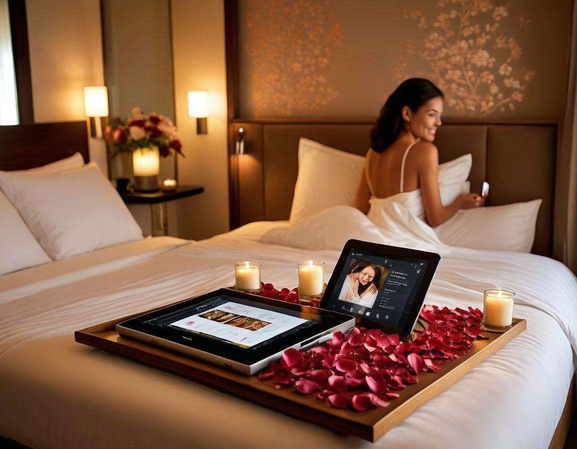 A cozy hotel room featuring a stylish tablet on a plush bed, displaying a menu of romantic amenities like in-room dining and spa services. The atmosphere is intimate with soft lighting, candles, and rose petals scattered around. A couple is seen happily using the tablet, basking in the comfort and convenience it provides. Emphasize a sense of luxury and romance. super-realistic. warm tones. inviting ambiance.
